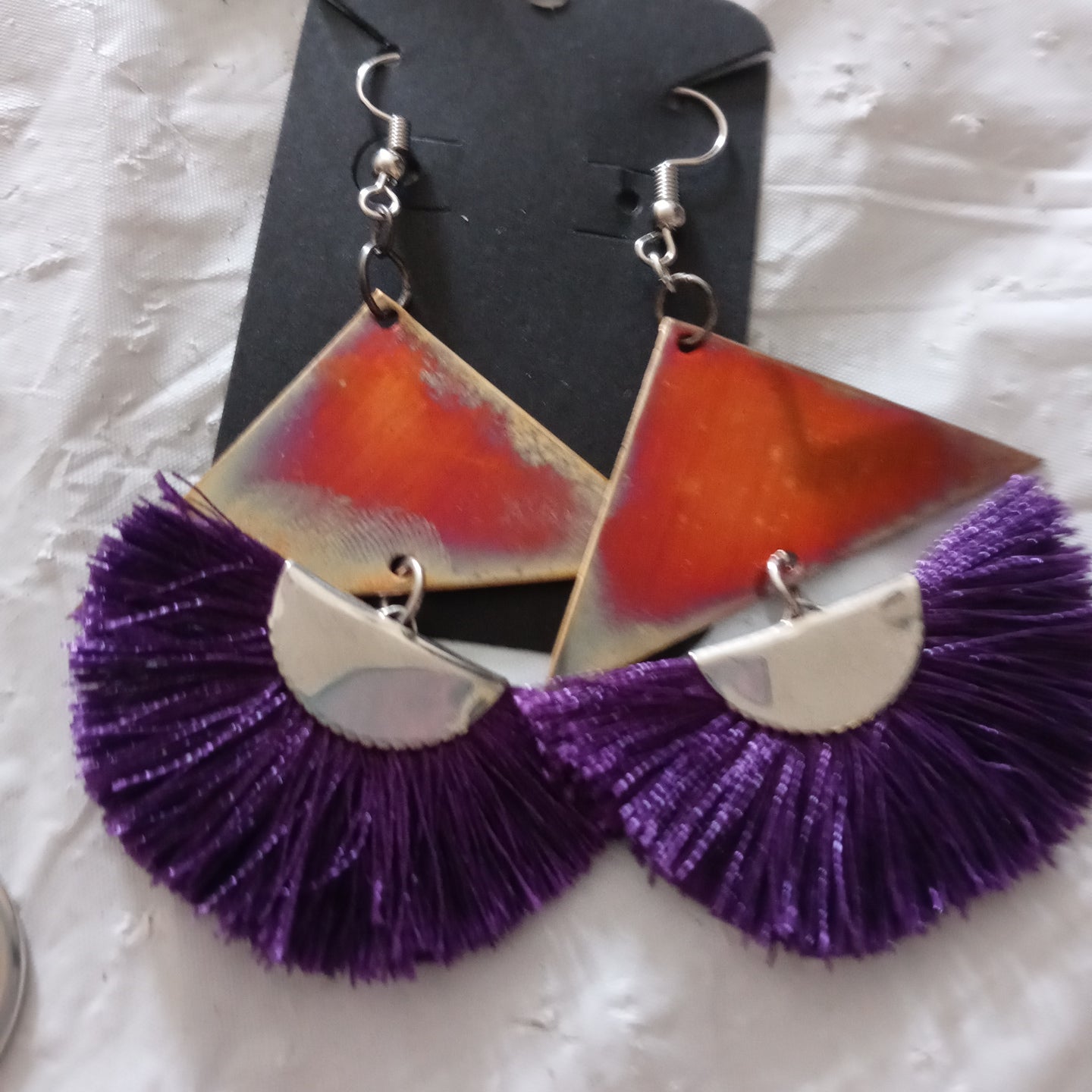 Recycled fire painted Copper Pyramid Earring Set