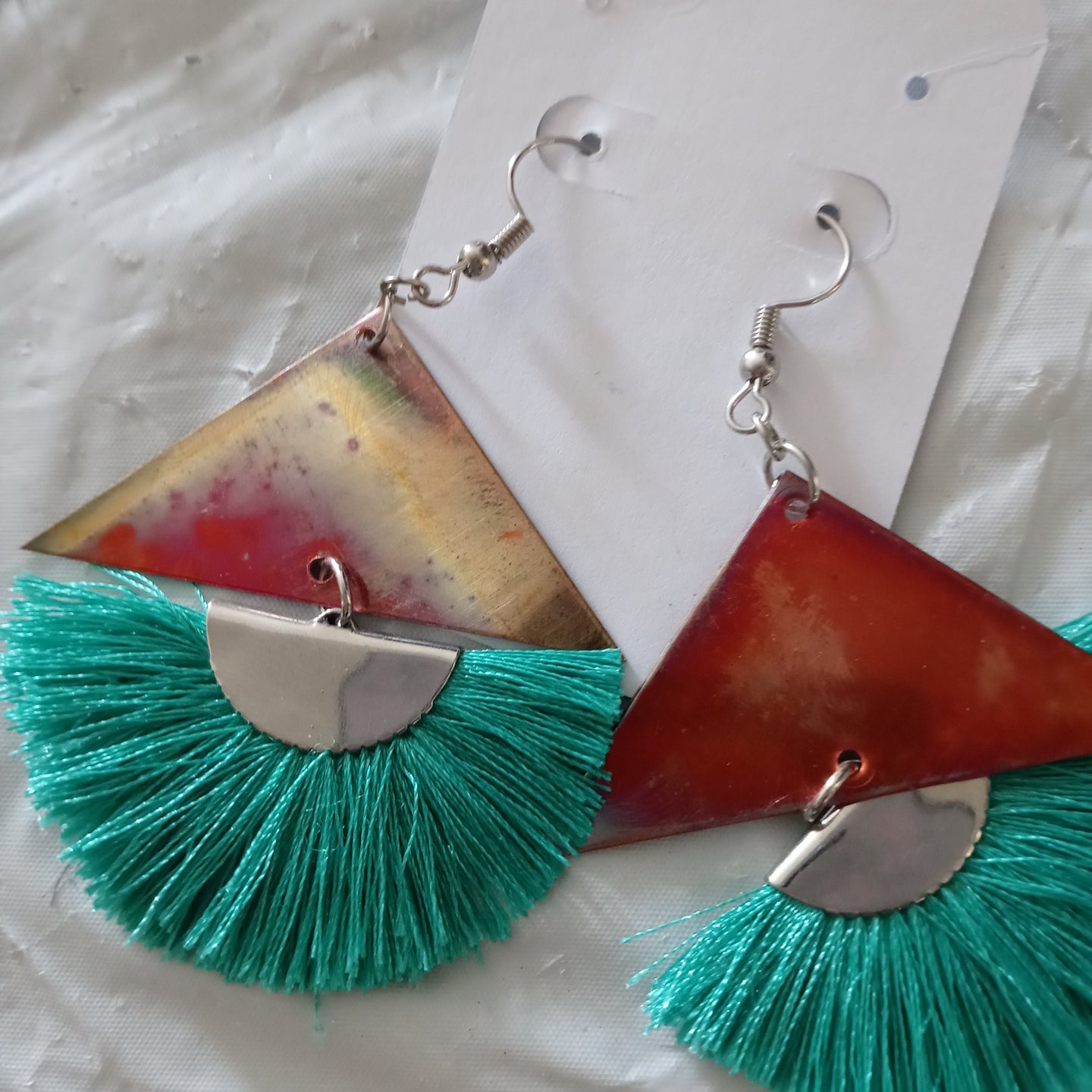 Recycled fire painted Copper Pyramid Earring Set