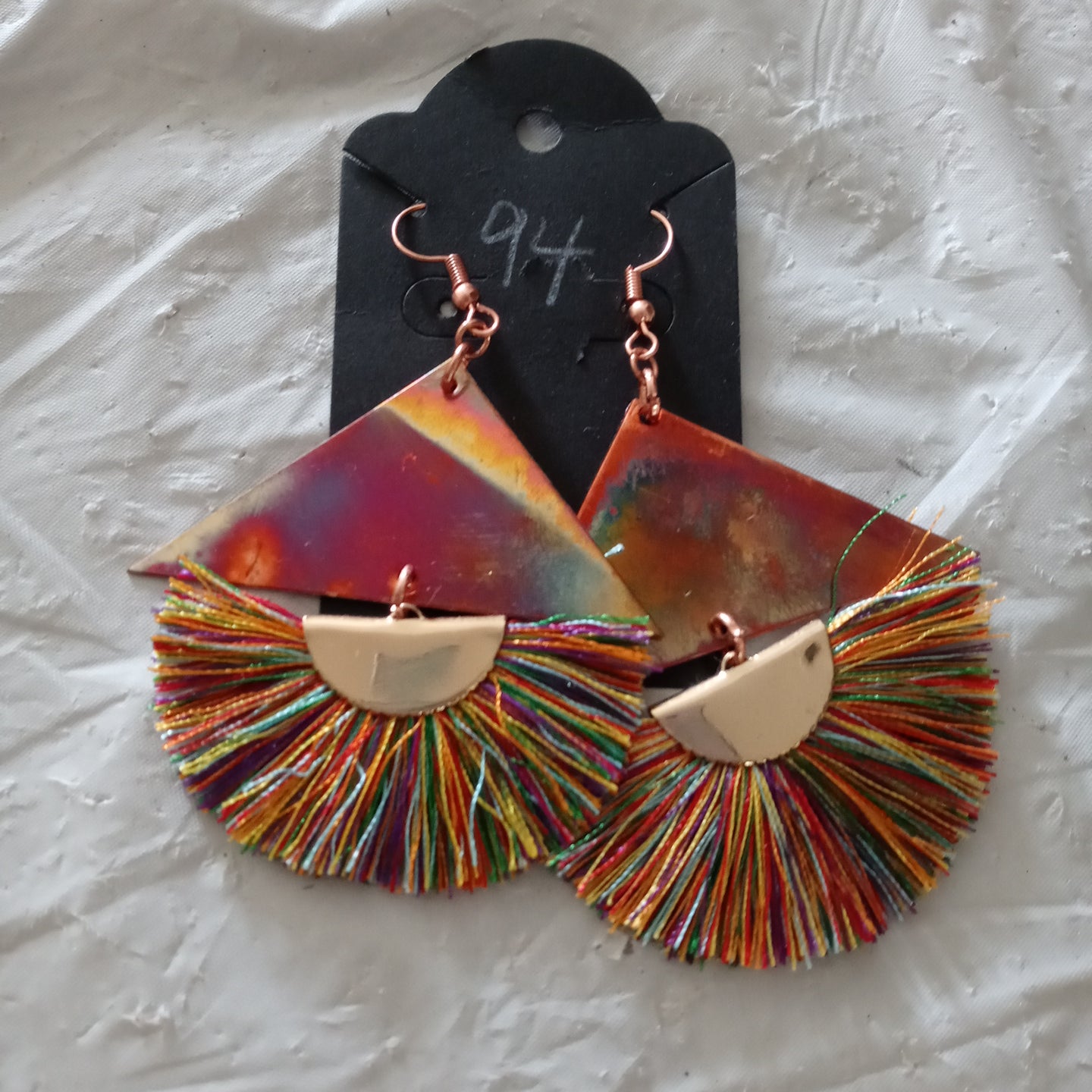 Recycled fire painted Copper Pyramid Earring Set