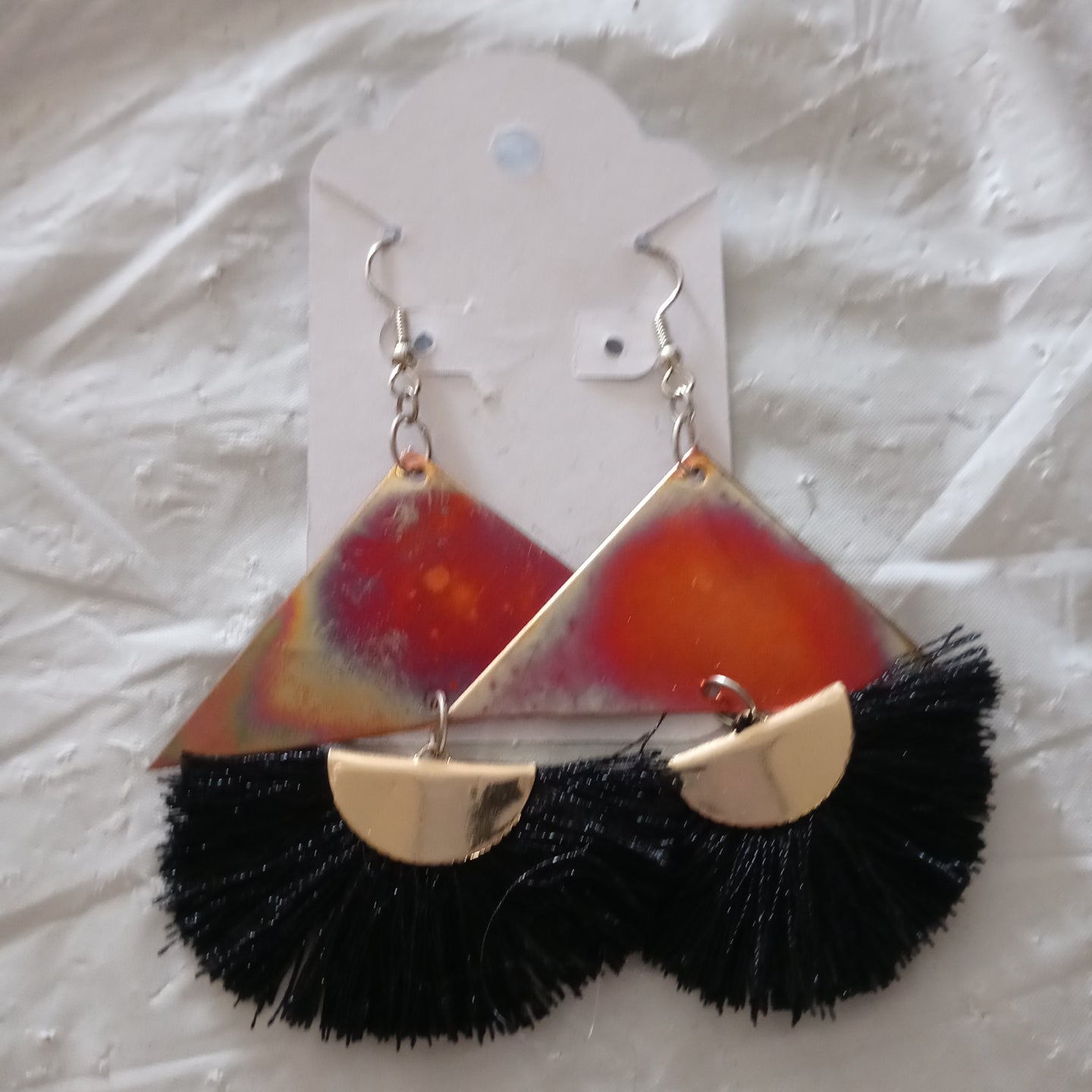 Recycled fire painted Copper Pyramid Earring Set