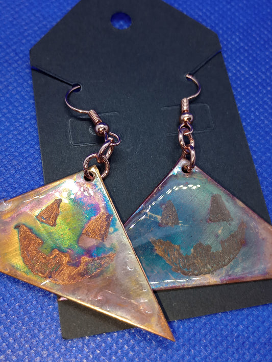 Up cycled Fire Painted Engraved Copper Earrings