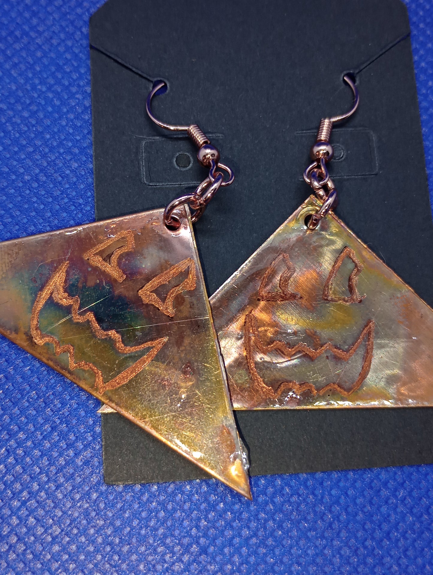 Up cycled Fire Painted Engraved Copper Earrings