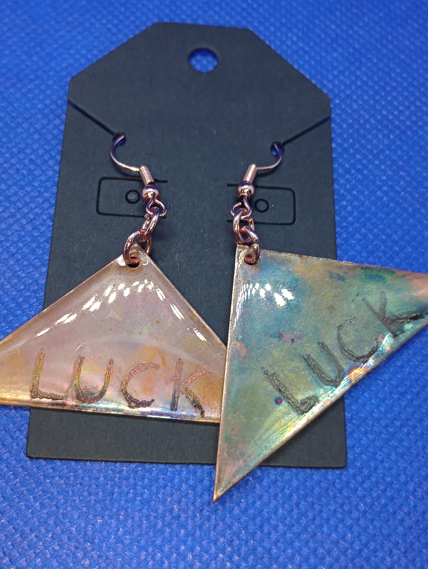 Up cycled Fire Painted Engraved Copper Earrings