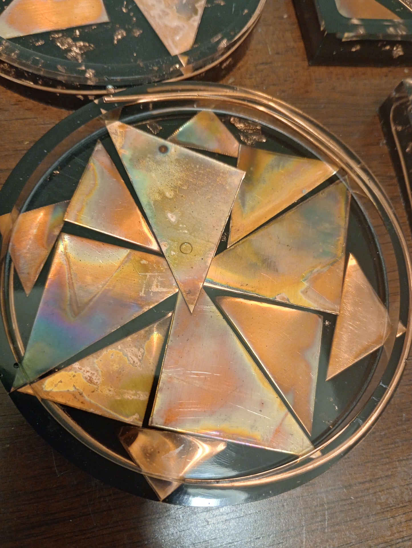 Circle Fire painted Rainbow Copper Black Coaster set made with upcycled real copper