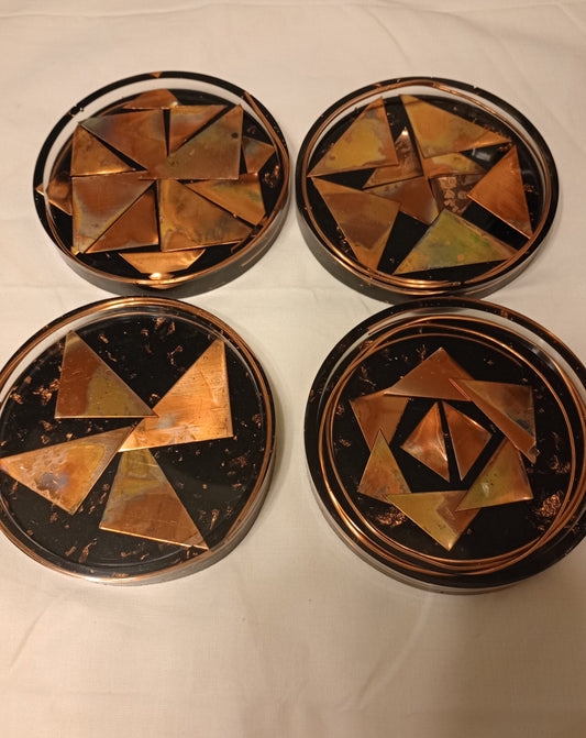 Circle Fire painted Rainbow Copper Black Coaster set made with upcycled real copper